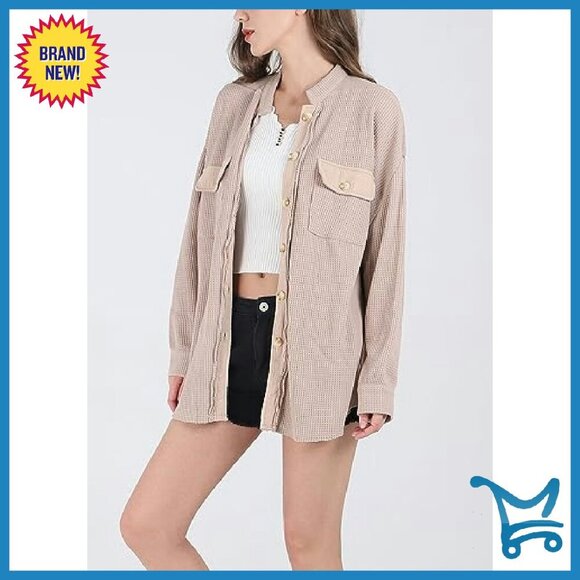 Loose Fit Batwing Sleeve Waffle Knit Button Down Shacket Top - Picture 5 of 7